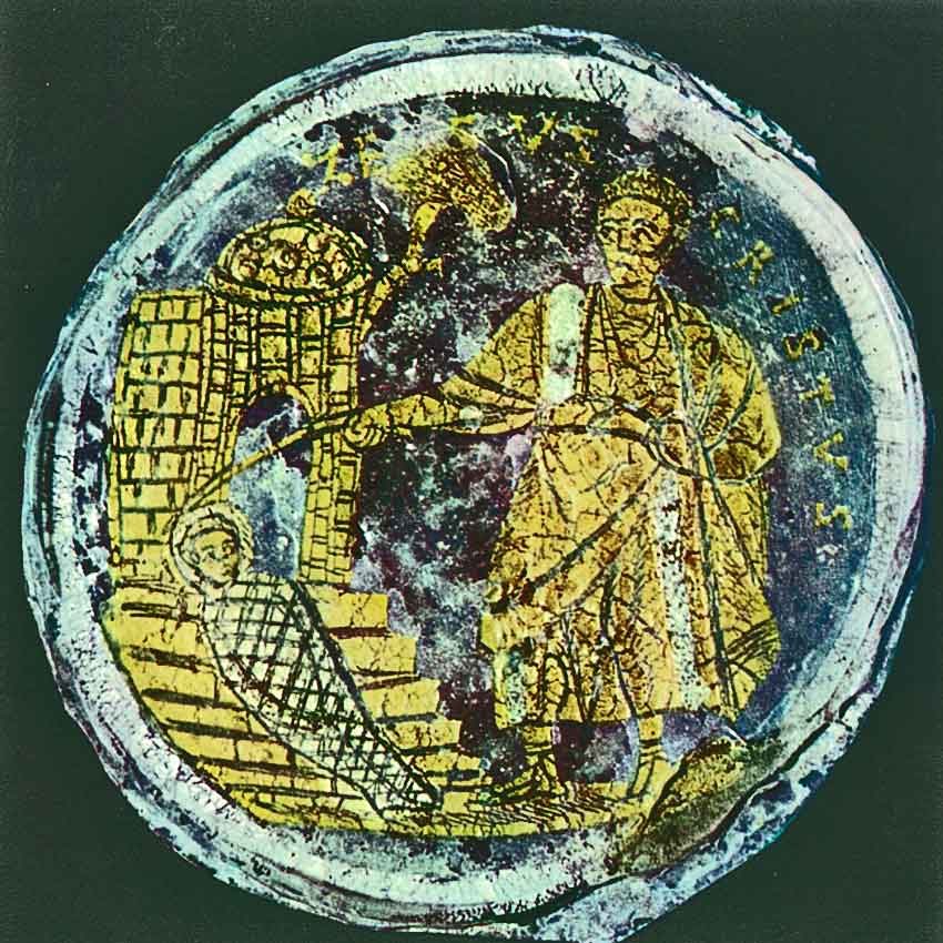 IV век. Воскрешение Лазаря. Стекло с золотой фольгой. Рим, музей христианского искусства.