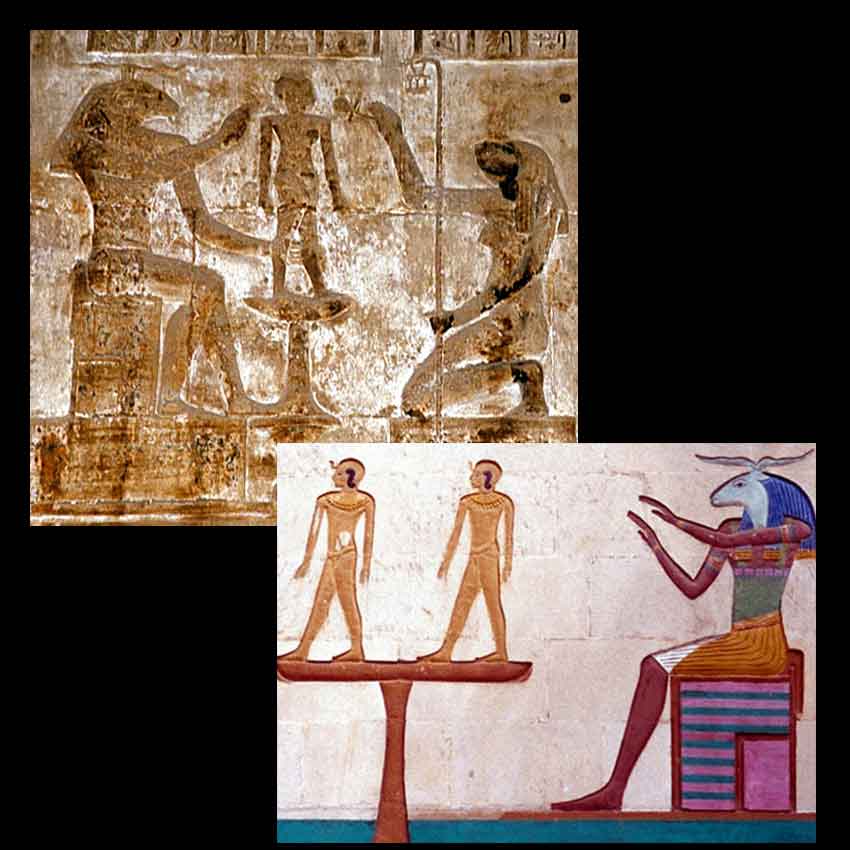 У египтян за творение человека отвечал бог с головой быка, Хнум, сохранился барельеф в храме Дендеры (IV век до р.Х.), на котором перед Хнумом гончарный круг, а на круге – человечек. В Каирском музее египетской цивилизации есть цветной барельеф, тут на круге двое. Кстати, на дендерском барельефе напротив Хнума богиня Хекет с головой, извините, лягушки – и она своим жезлом передаёт свежевылепленному человеку душу. 