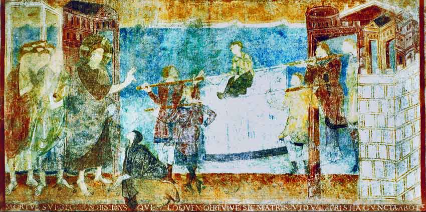 Около 990 года. Воскрешение в Наине. Фреска в монастыре Рейхенау. 