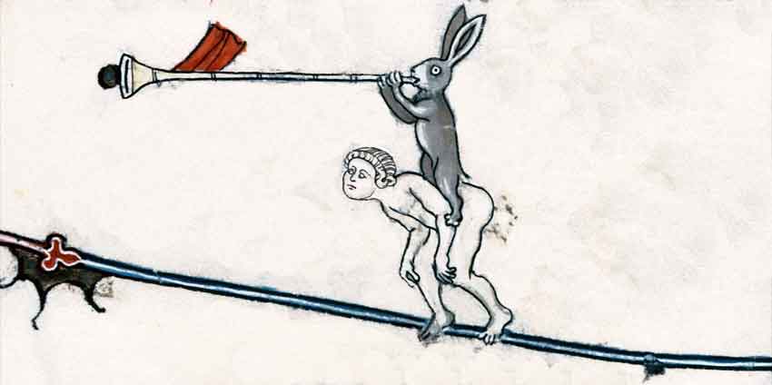 Около 1305 года. Заяц торжествует победу над судьёй. Бревиарий из Меца  (Verdun, Bibliothèque municipale, ms. 107, fol. 105r).