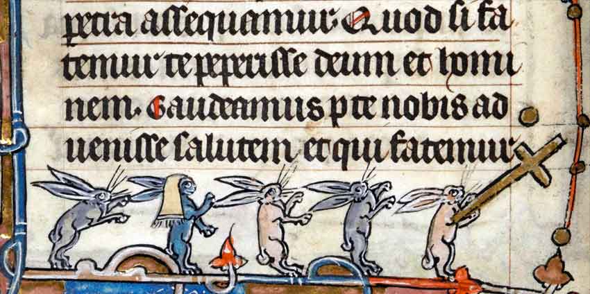 Около 1320 года. Крестный ход зайцев. Французский часослов из Сент-Омера, Британская библиотека BL, Add 36684, fol. 24v).