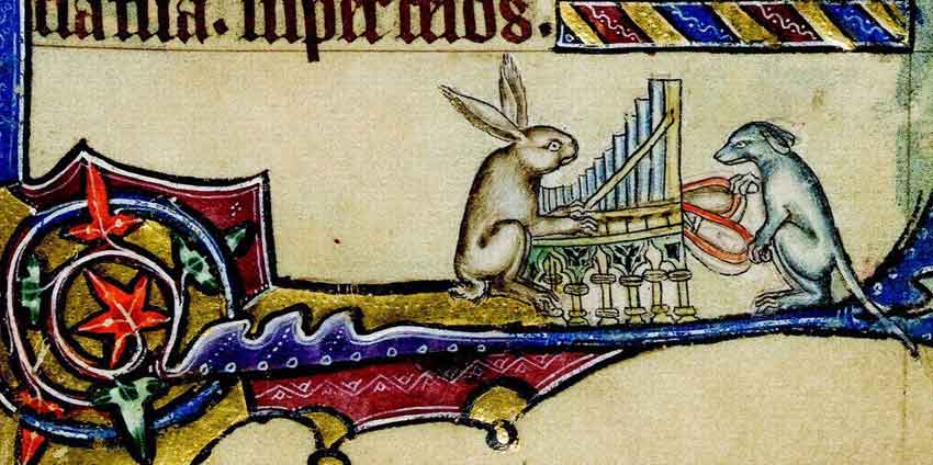 Около 1330 года. Заяц унижает собаку, заставляя её раздувать мехи своего органа. Англия. Псалтирь Маклесфильда (Cambridge, Fitzwilliam Museum, fol. 8r).