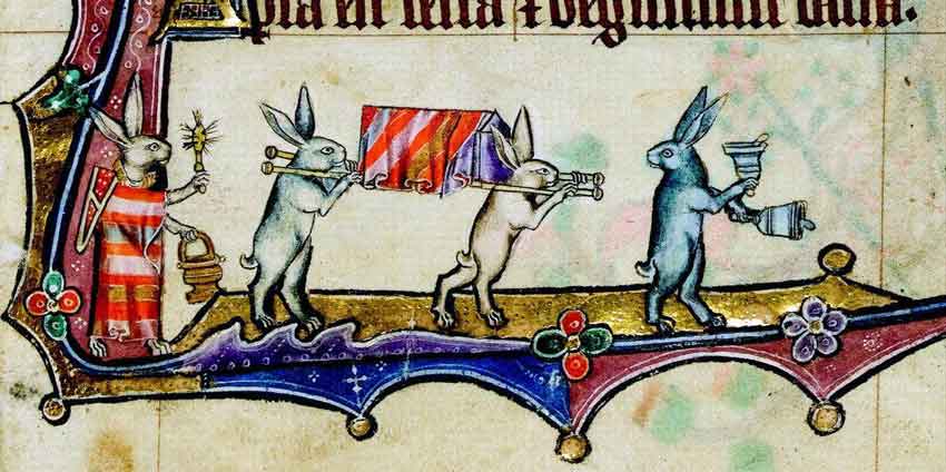 Около 1330 года. Заяц-епископ с дароносицей, зайцы с реликварием, заяц-служка. Англия. Псалтирь Маклесфильда (Cambridge, Fitzwilliam Museum, fol. 11r). 