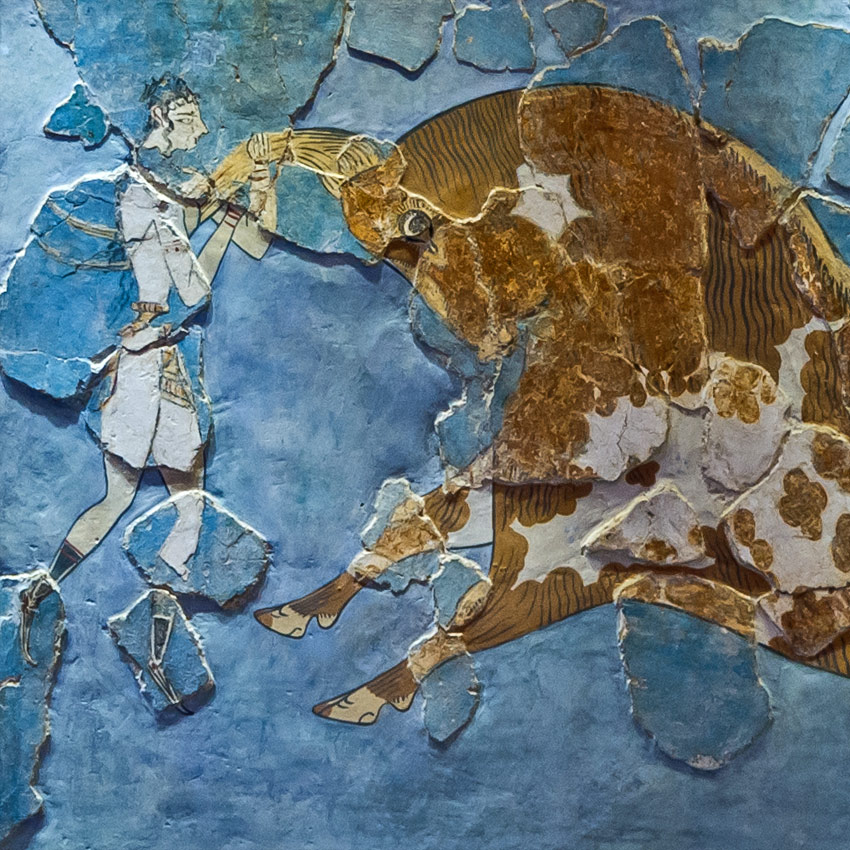 1700-1500 гг. до р.Х. Игра с быком. Фреска из дворца в Кноссе на Крите.