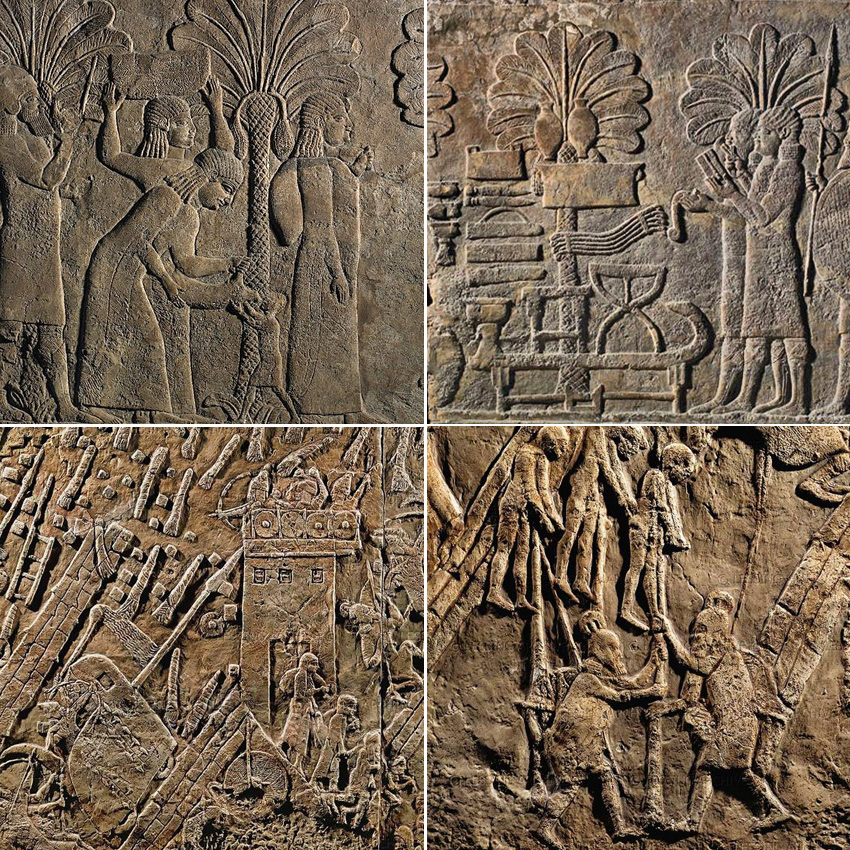 701 год до р.Х. Ассирийские солдаты осаждают Лахиш. Казнь пленных. Взятие трофеев и рабов. Барельеф из тонированного гипса из дворца Сенахериба в Ниневии. Британский музей. 