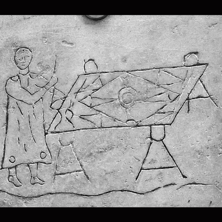 I-III века. Мужчина в далматике изготавливает мозаичную столешницу. Национальный музей Рима.