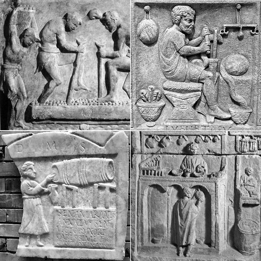 Римские надгробные рельефы. Рабочие утрамбовывают мостовую. Торговля вином. Надгробие торговца шерстью Тита Элия Евангела, середина II века.