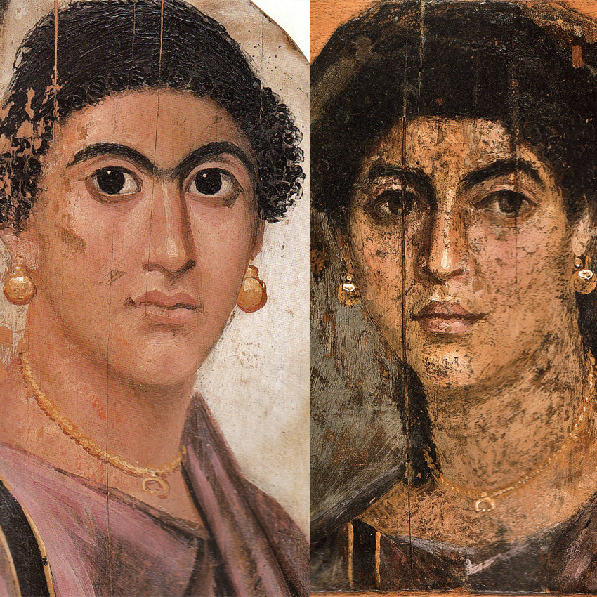 Два портрета с кладбища Гавара (юго-восток Файюма). Слева ок. 55-70 гг., Британский музей; справа ок. 70 г., музей египетских древностей в Берлине.