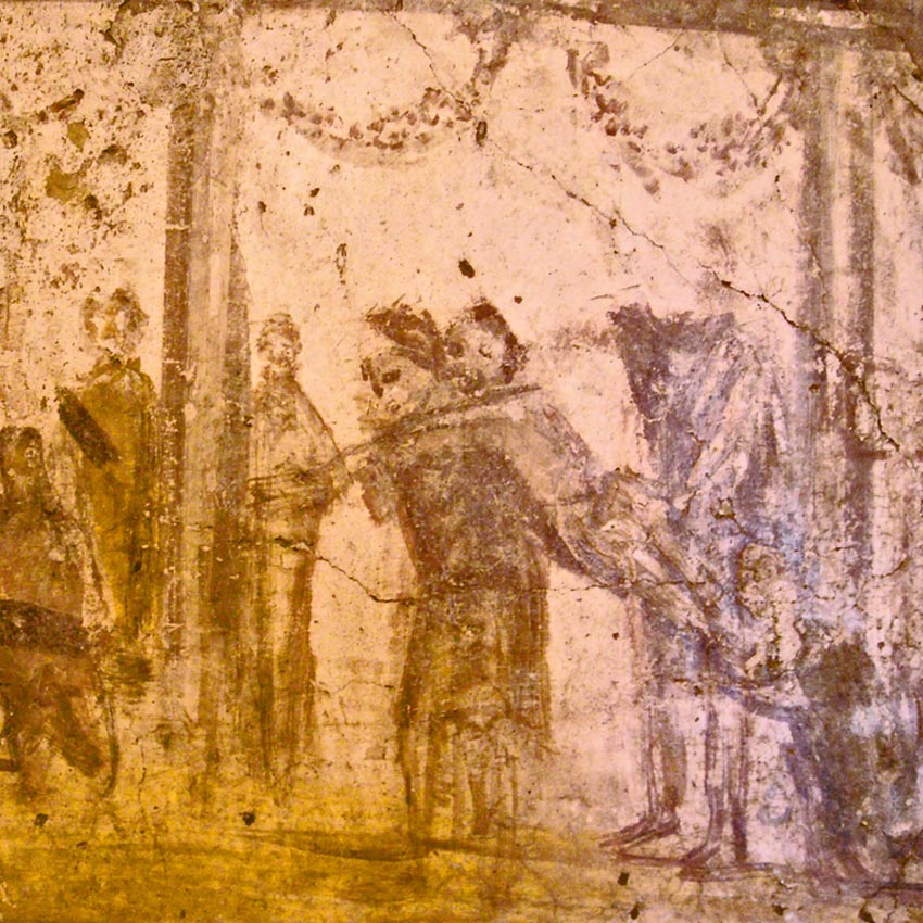 Первая половина I века. Наказание ученика в школе. Фреска из Помпей. Музей в Неаполе. Один ученик держит другого за руки, взвалив на спину, пока учитель бьёт ученика.