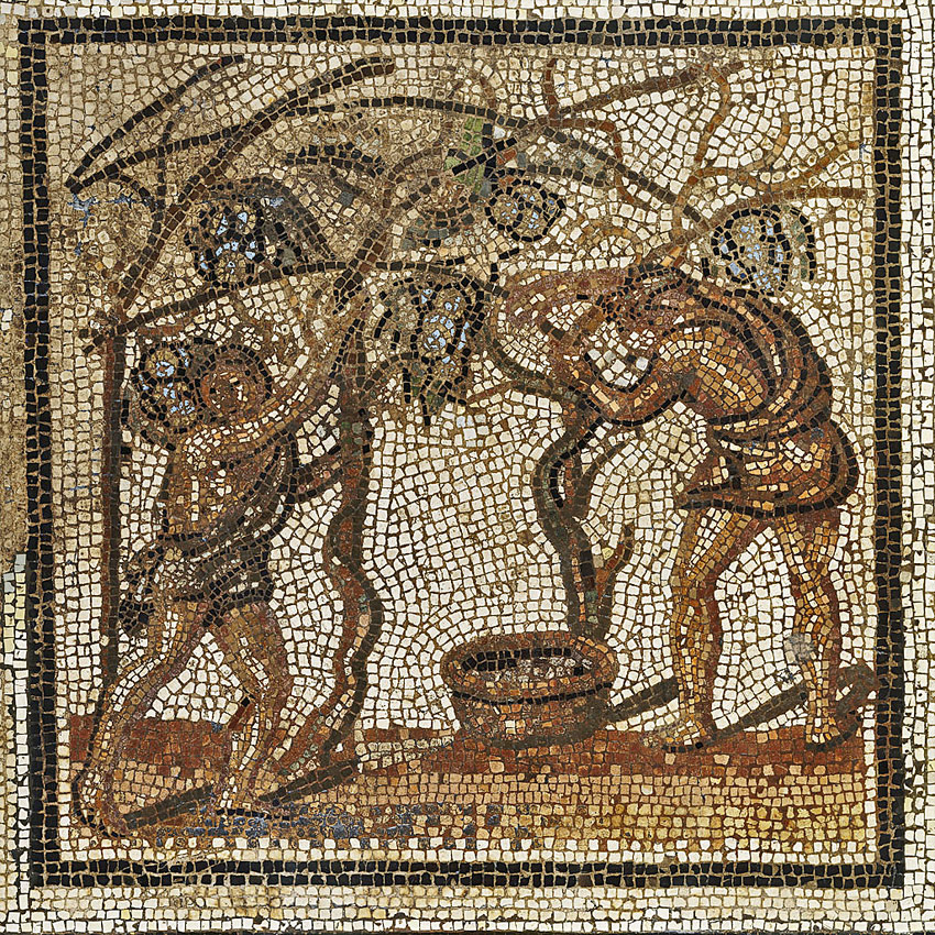III век, первая половина. Мозаика из римского дома. Приготовление вина. Сен-Ромэн-ан-Галь, Франция.Музей в Сен-Жермен-ан-Лэ.