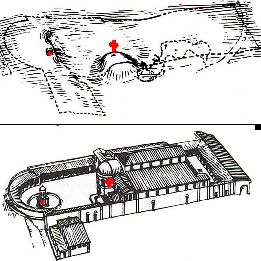 335 год. Вид территории, где был построен храм, до начала строительства, и вид первоначального храмового комплекса.