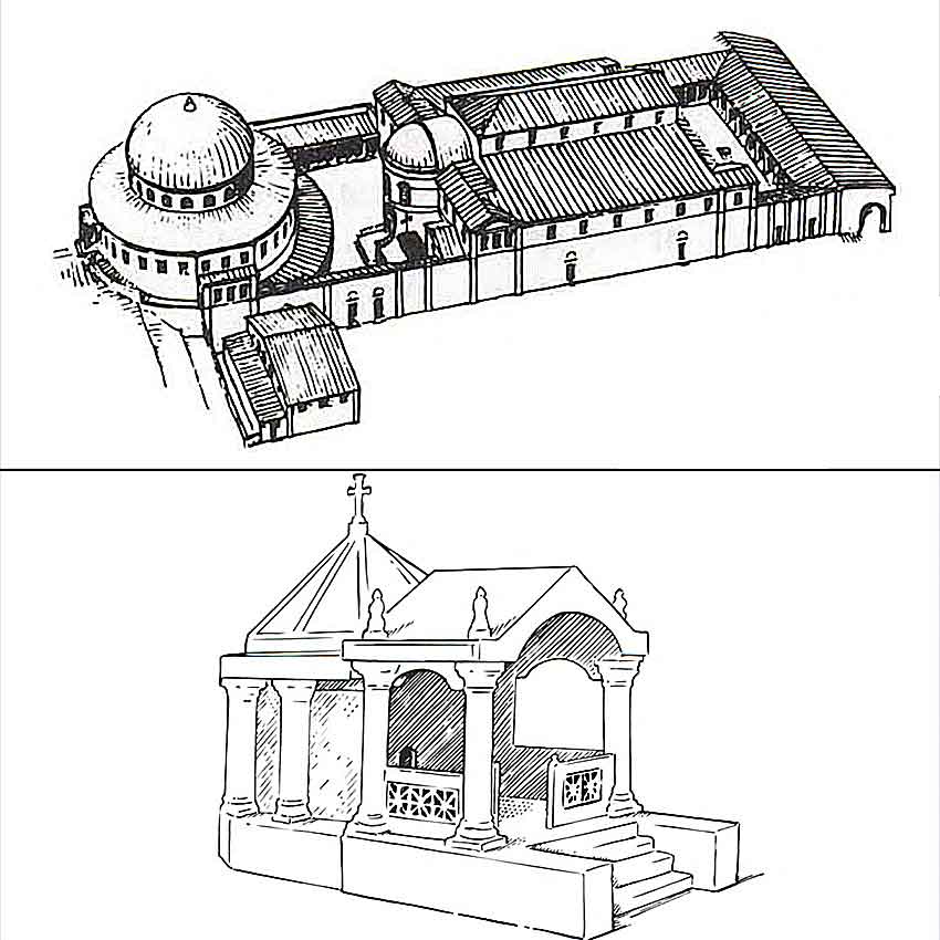 Храм Гроба Господня в 365 году: общий вид и вид сооружения над предполагаемой гробницей.