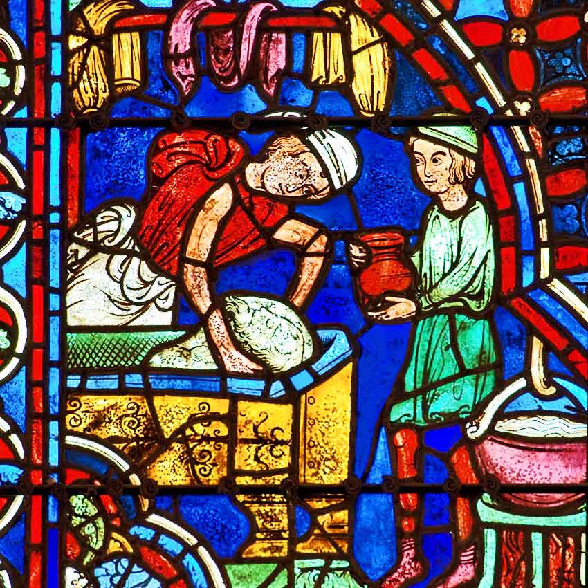 XII  век. Витраж в Шартрском соборе. Жертвователи: пекари пекут хлеб.