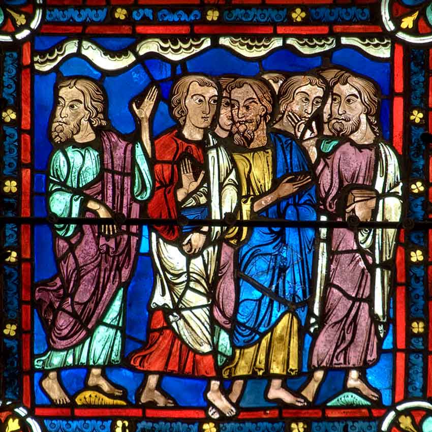 XII  век. Витраж в Шартрском соборе. Иисус наблюдает за апостолом, который совершает крещение. 