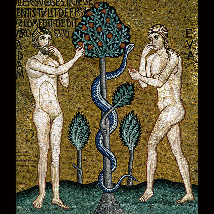 1140-1170 годы. Адам и Ева. Мозаика Палатинской капеллы в Палермо, Сицилия.