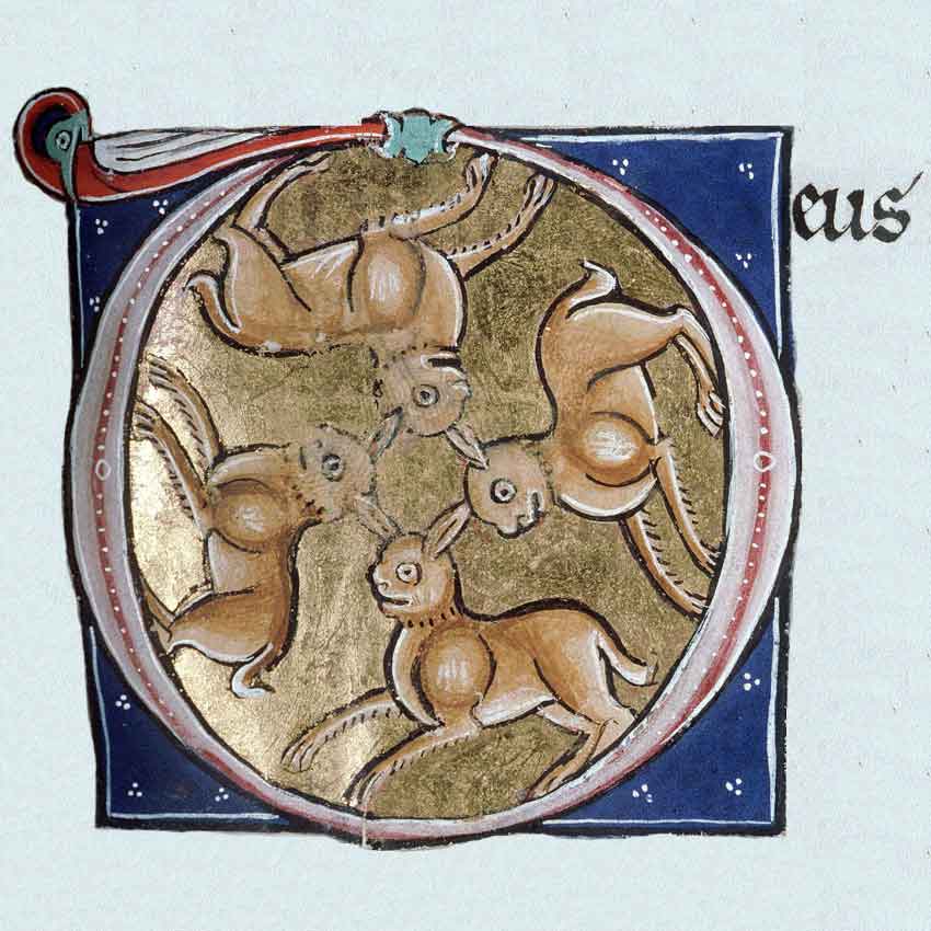 XIII век. Инициал D (слово deus, Бог).Французский понтификал. Орлеонская городская библиотека (ms. 144, fol. 79r).
