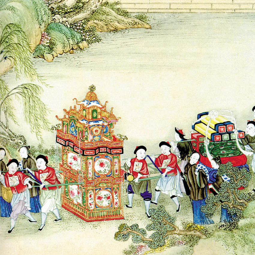 Середина XIX века. Неизвестный китайский художник. Невеста в наглухо закрытом расписном коробе едет к жениху.