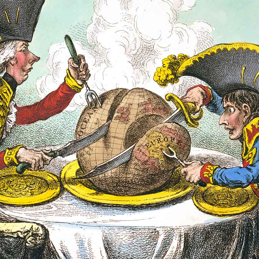 1805 год. Карикатура Джеймса Джилрея (Gillray): Уильям Питт и Наполеон делят мир.