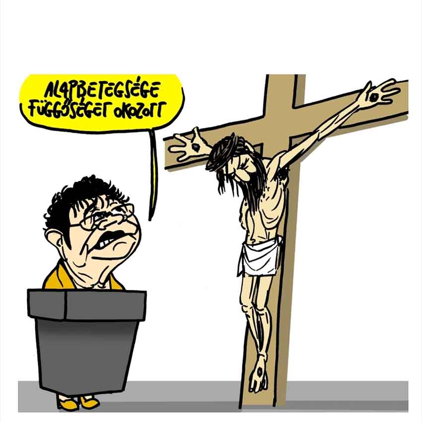 карикатурf Папаи Габора на министра здравоохранения Сесилия Мюллер, изобразив её перед распятым Иисусом