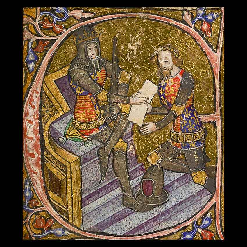 Эдуард III (5 июня 1330 – 8 июня 1376), принц Уэльский, "Чёрный принц", приносит присягу своему отцу за получение Аквитании в качестве феода. Английская миниатюра XIV  века